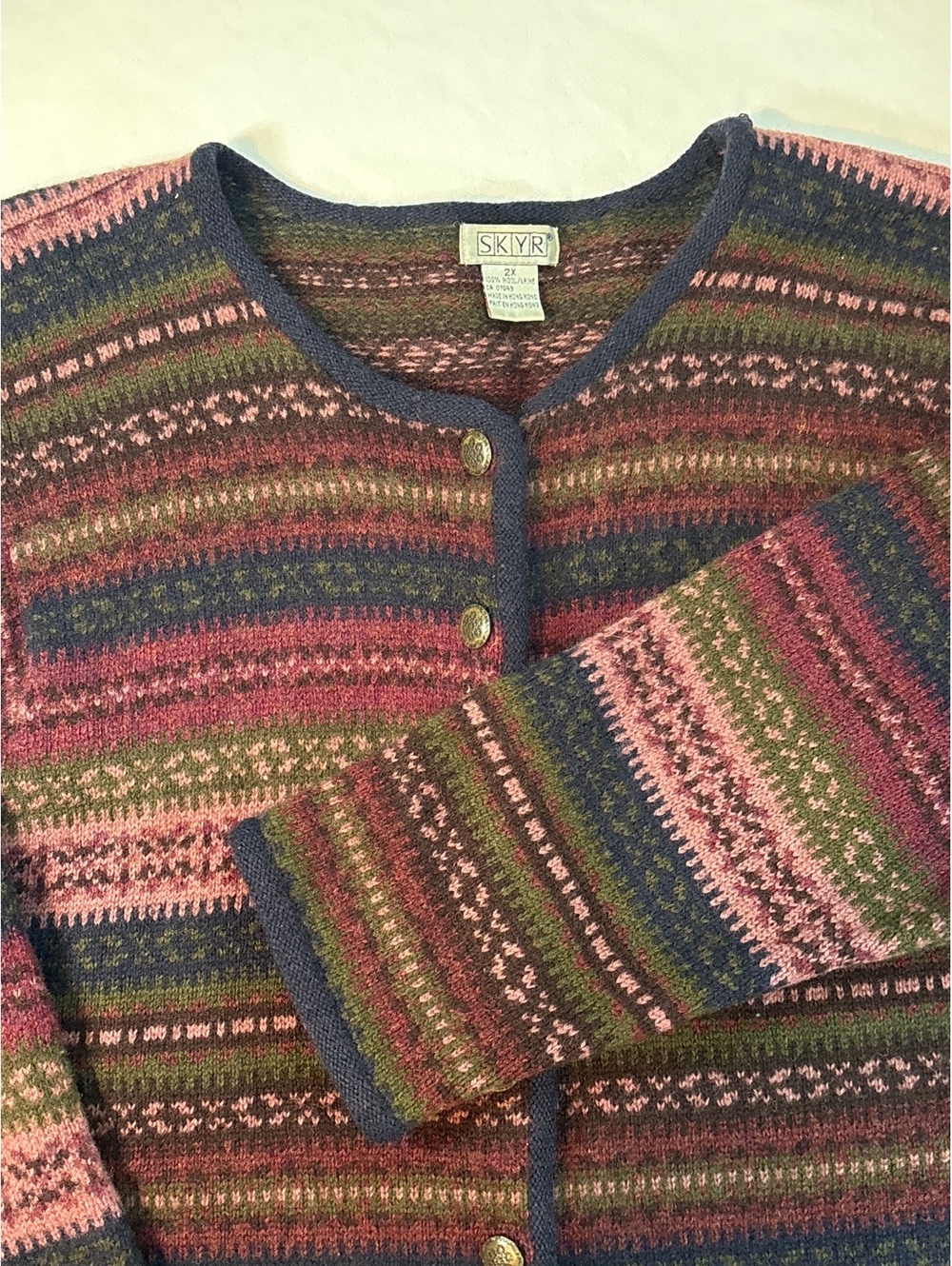 Vintage SKYR 2X 100% Wool Fair Isle Cardigan Sweater Made in Hong Kong